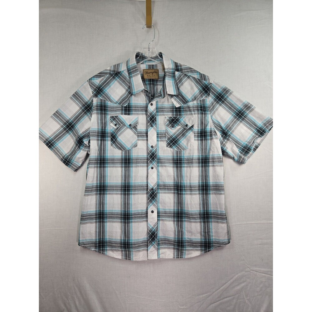 Wrangler Retro Western Shirt Blue Plaid Short Sleeve Black Pearl Snap Men's XXL